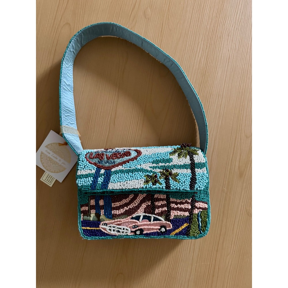 Viral Handmade Beaded Las Vegas Sign Shoulder Bag Turquoise Blue Pink Car NWT